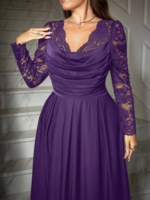 Ellevyn Vestido elegante de manga larga con cuello en V, encaje de contraste y pliegues para mujer de talla grande