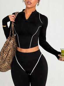 Dewbera Women's Seamless Black Long Sleeve T-Shirt, White Stripe Design, Suitable For Fitness, Yoga, Daily Wear Women Two Piece Sets Leggings Black 2 Piece Set Athletic Two Piece Set Y2k Tights Two Piece Set Women Sporty Two Piece Set Long Sleeve Workout Set Curve Activewear Set - Black and White - View 1