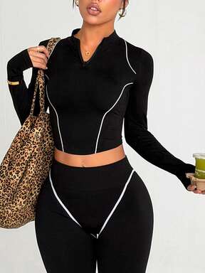 Dewbera Women's Seamless Black Long Sleeve T-Shirt, White Stripe Design, Suitable For Fitness, Yoga, Daily Wear Women Two Piece Sets Leggings Black 2 Piece Set Athletic Two Piece Set Y2k Tights Two Piece Set Women Sporty Two Piece Set Long Sleeve Workout Set Curve Activewear Set