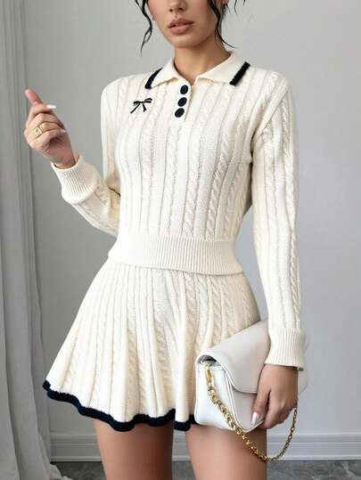 Sparklyn American Sweet Collegiate Style Long Sleeve Button Collar Knit Sweater With Bow Embroidery + Short Casual Umbrella Skirt Set School Girl Dress For Women Beige Dress For Teen Girls Cute Girl Dress Long Sleeve Dress Vintage Girls Preppy Two Piece Set 2 Piece Sets Woman White Sweater Set Cable Knit Set White Knit Set Teenage School Clothes Girls Cardigan For Dress Girls Uniform Dress Girls Autumn Outfits Tennis Skirt Set Girls
