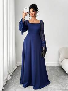 Elenzga 大码女士优雅针织网纱袖方领连衣裙，藏蓝色 - 藏蓝色 - 查看 7