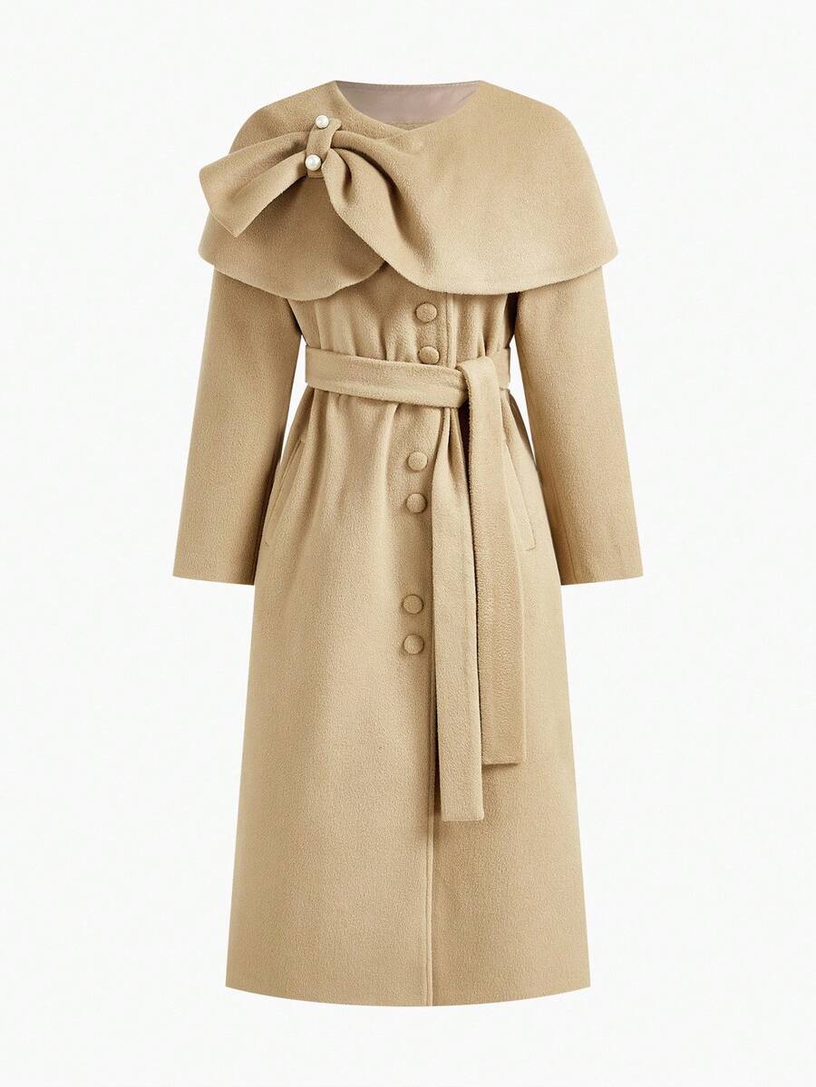 MOTF PREMIUM BROWN OVERCOAT WITH FAUX PEARL BUTTON, DETACHABLE BELT