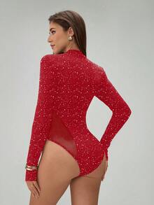 Almamuse 女士时尚圆领长袖金属银色网纱拼接透视连体衣 - 紅色 - 查看 2