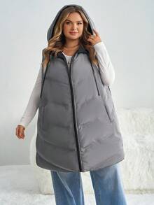 SHEIN CURVE+ 大码女式带帽无袖羽绒服，秋冬季 - 彩色 - 查看 8