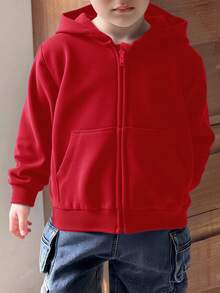 SHEIN 小男孩休闲夹克 Wtt 官方网站，男孩冬季外套，连帽拉链运动衫，学校，基本款上衣，冬季上衣，适合春季、夏季、秋季、冬季学校、花园、海滩、生日 - 紅色 - 查看 3
