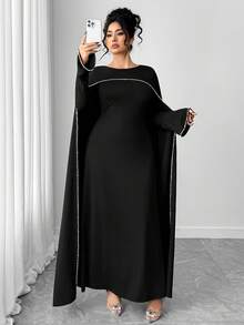 Elenzga 大码女士纯色优雅长款连衣裙，配披肩和串珠装饰 - 黑色 - 查看 1