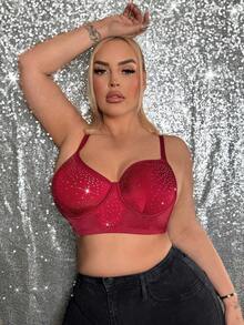 Sujetador con aros y push-up sexy con adornos de strass para mujer de talla grande - Burdeos - Ver 5