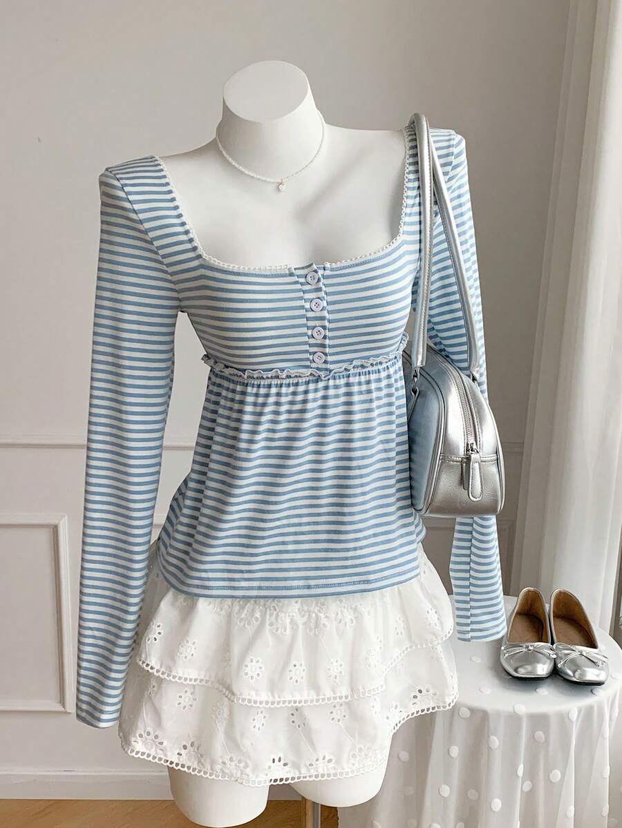 Comfortcana 大码女式蓝色条纹荷叶边领长袖休闲度假T恤，春夏款 - 藍色 - 查看 1