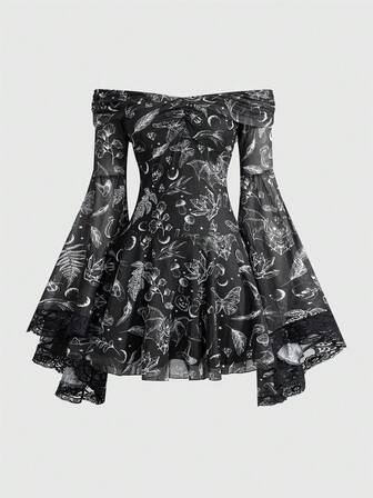 Robe courte asymétrique à manches évasées et épaules dénudées, avec imprimé rétro romantique gothique de crâne, chauve-souris et plante, et garniture en dentelle pour femmes