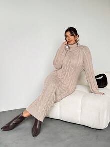 Firerie 女士纯色休闲圆领毛衣裙中长款毛衣裙毛衣裙女士高领连衣裙粗针织连衣裙针织裙秋冬 - 杏色 - 查看 3