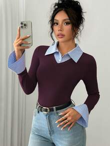 SHEIN PETITE 优雅通勤连体衣，AB拼接领，喇叭袖口，长袖，半开襟，条纹，多色，女款，秋冬 - 酒紅色 - 查看 4