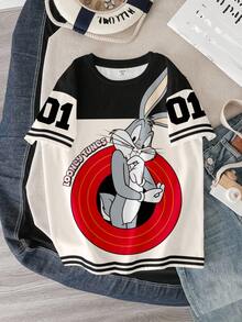 LOONEY TUNES X SHEIN Áo thun tay ngắn in hình thỏ phối màu thời trang mùa hè cho bé trai tuổi teen - trắng - Xem 1