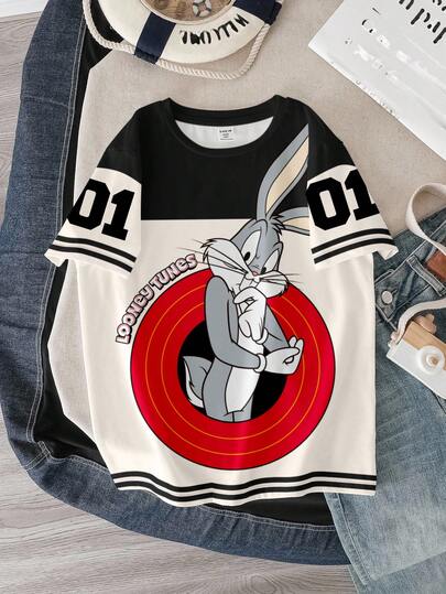 LOONEY TUNES X SHEIN Áo thun tay ngắn in hình thỏ phối màu thời trang mùa hè cho bé trai tuổi teen
