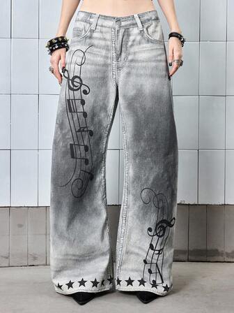 ROMWE Avant Jeans en jean gris délavé taille basse rétro Y3K pour femmes avec imprimé note de musique Kpop