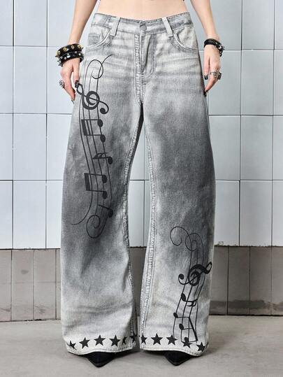 ROMWE Avant Jeans en jean gris délavé taille basse rétro Y3K pour femmes avec imprimé note de musique Kpop