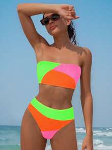 Swim Vcay Women's Summer Beach Color Block Neon Bandeau Sexy Bikini Set Bathing Suit - Multicolor - View 1