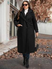 SHEIN Clasi Manteau matelassé long à capuche en couleur noire unie pour femmes rondes et grandes tailles. Avec doublure en coton et poches. Présente un col capuche style costume, double poches, de haute qualité, chaud, confortable et isolant. Convient pour de multiples occasions, nouvelle collection 2025 - Noir - Voir 13