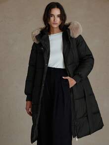 Chiquease 女士高级加厚羽绒服，长款，收腰设计，修身剪裁，可拆卸毛领，宽松版型 - 黑色 - 查看 6