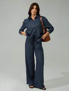 SHEIN Tall Two-Piece Women's Autumn/Winter Suit, Casual Loungewear Suit, Beach Vacation Suit - Trousers + Long-Sleeved Shirt, Elegant Suit, Music Festival Suit, Elegant Party Business Casual Suit, Tall Elegant Women's Suit, Thanksgiving Women's Suit, Dark Blue, Linen Texture, High-End, Old-Money Style, Slimming. - Blue - View 6