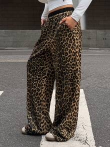 Teen Girls' Leopard Print Patchwork Drawstring Waist Loose Casual Pants