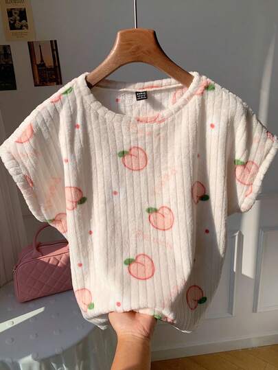 Comfortcana Women's Crew Neck Short Sleeve Ribbed Peach Graphic Comfortable T-Shirt