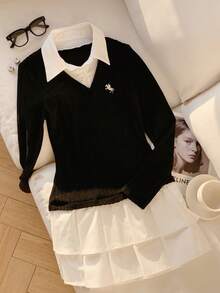 Comfortcana Đầm ngắn cổ bẻ thêu họa tiết hiệp sĩ dành cho nữ, tay dài, thường ngày - Xám - Xem 4