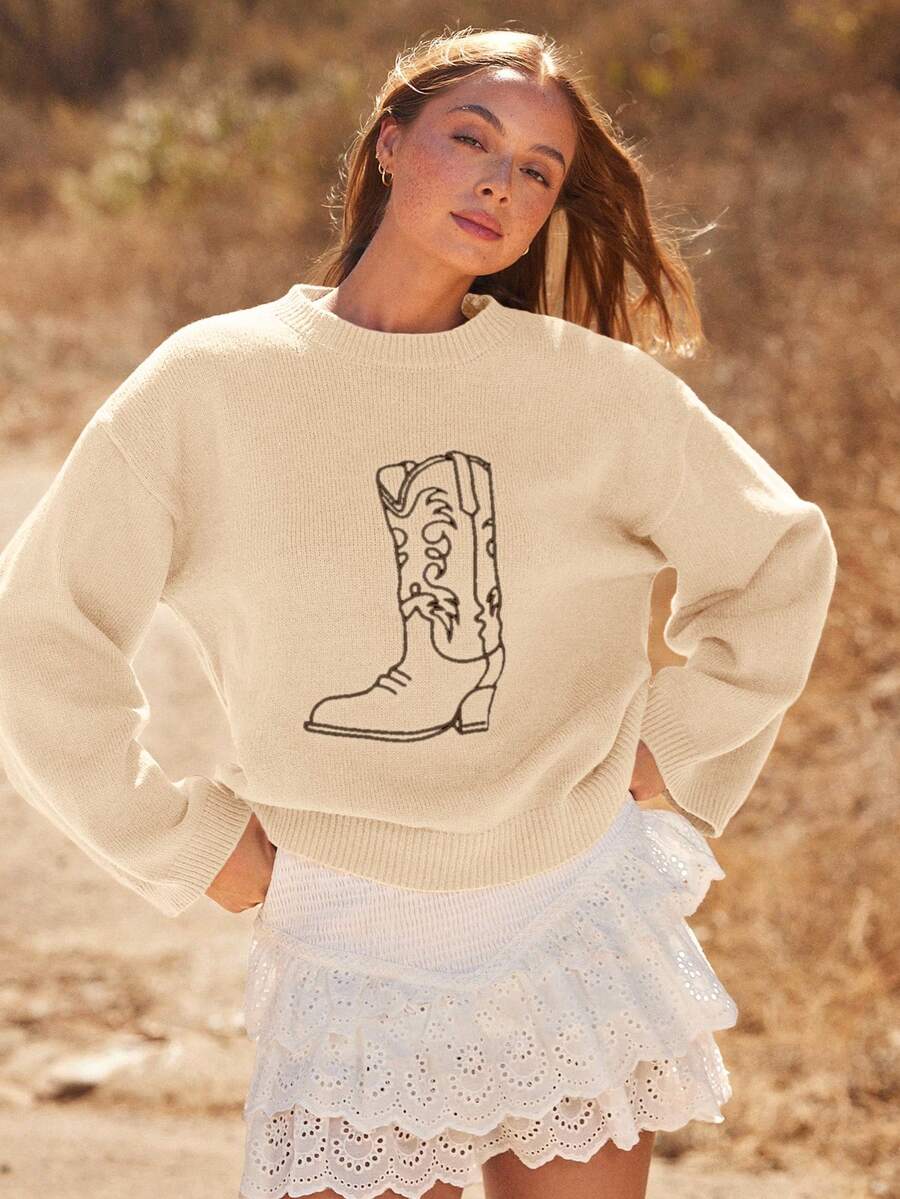 WESTFADE 牛仔牛仔女郎西部靴子圆领长袖宽松针织毛衣休闲可爱秋季西部风波西米亚风毛衣 - 杏色 - 查看 1