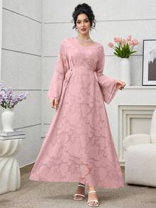 Yasmyna Váy tay loe cổ chữ V màu trơn thanh lịch, cắt xẻ hai bên, thắt nơ - Hồng - Xem 5