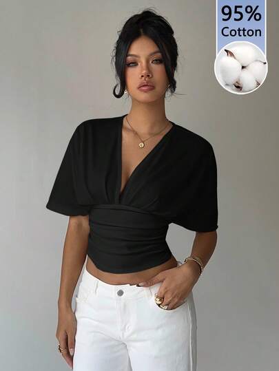  Casual Aloruh Elegant Sexy 95% Cotton Deep V Ruched Short Sleeve T-Shirt, Fitted Bottom, Loose Top, Suitable For Elegant Dates, Commuting, Daily Outings, Sexy, Versatile, Basic Style Suitable For All Seasons; Vintage, Soft Girl, Home, Back To School, Fall Wardrobe; Simple, Fashionable; Cozy, Chic. Elegant Women's Blouses