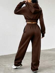 SHEIN EZwear 女士休闲咖啡棕色拉链上衣和直筒裤两件套，棕色两件套，冬季服装 - 咖啡棕 - 查看 2
