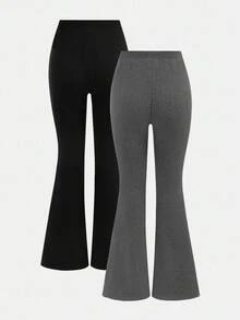 SHEIN 2pcs Tween Girls Casual Versatile All-Match Flared Thermal Lined Pants, Black & Gray - Multicolor - View 2