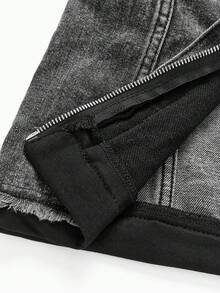 SHEIN Young Boy Fashion Casual Gray Knit Hooded Spliced Blue Denim Long Sleeve Ripped Jacket For Dailywear And Fall Boys Clothes - Grey - View 5