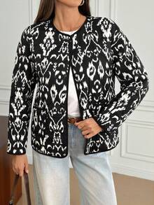 SHEIN Tall 女士冬季时尚全印花通勤夹克 - 黑色 - 查看 3