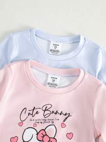 4件套女童可爱兔子和跳舞女孩印花长袖上衣和打底裤睡衣套装 - 淡紫色 - 查看 3