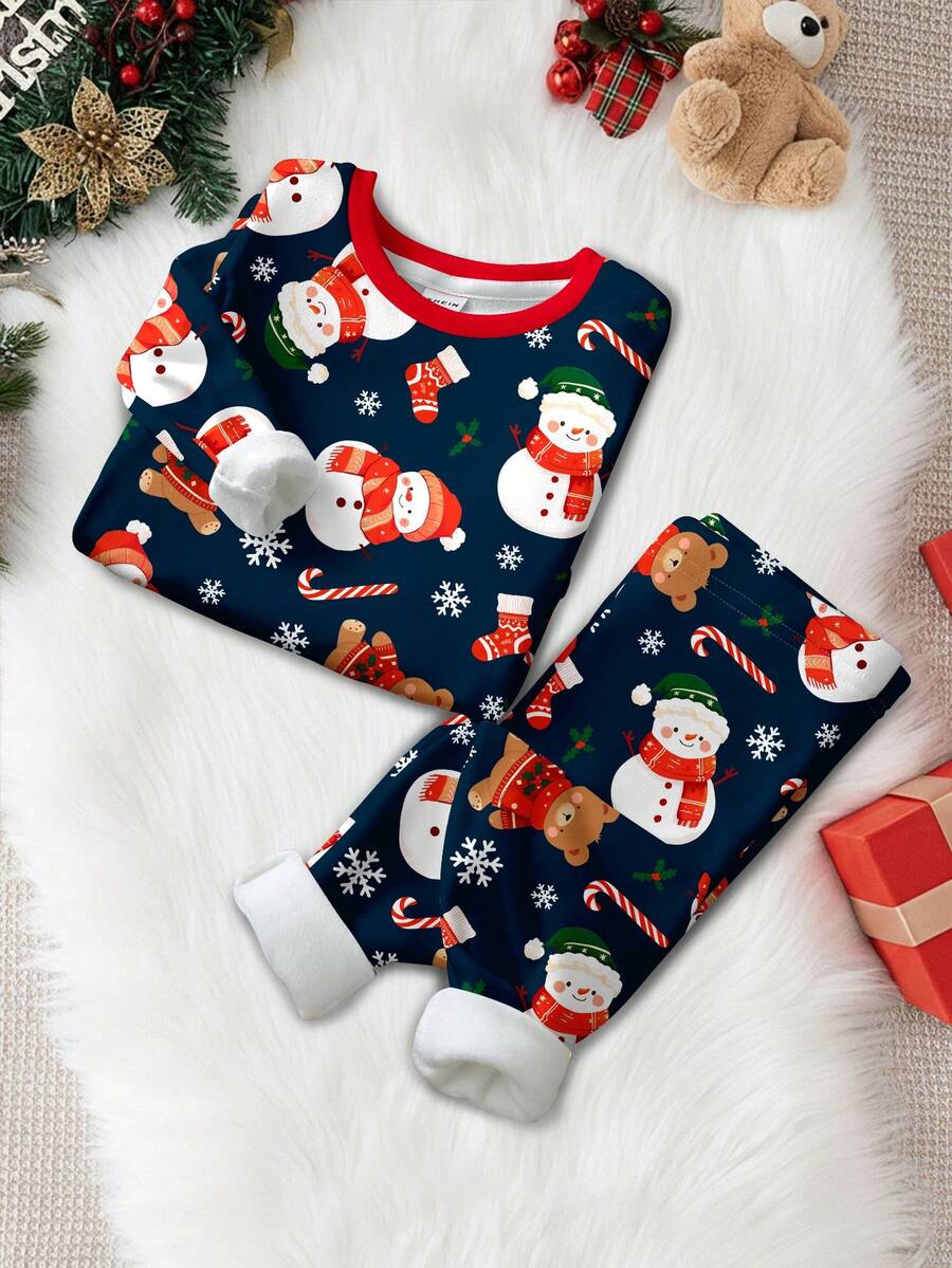 SHEIN Conjunto de ropa de estar en casa cómoda y casual con temática navideña para bebé niño, con estampados clásicos de árbol de Navidad y lindos osos, top de manga larga y pantalones, adecuado para otoño/invierno