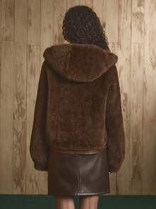Revavyn Revavyn Women's Coffee Brown Short Faux Fur Coat,Winter Elegant Date Faux Leather Patchwork Buttons Straight Fit Fluffy Collar Jacket For Holiday Party - Coffee Brown - View 2