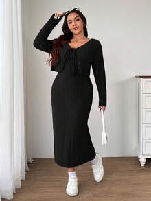 SHEIN EZwear 情人节加大码动漫风休闲粉色针织开衫连衣裙两件套，黑色 - 黑色 - 查看 3