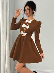 Rafferiza 时尚优雅百搭约会派对蝴蝶结撞色镂空羊腿袖收腰褶裥连衣裙，黑色，女士，秋冬款