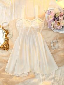 DelicateAllure Lace Trim Mesh Sexy Camisole Short Women Nightgown, Valentine's Day - White - View 7