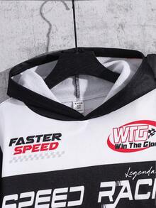 SHEIN 男童休闲宽松舒适柔软经典时尚酷炫赛车图案印花套头卫衣套装，适合秋冬季穿着 - 紅色 - 查看 5