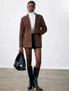 Aveloria Modichic Brown Suede Faux Fur Collar Belted Windbreaker, Classic Suit Collar Design With Adjustable Waist Belt - Brown - View 3