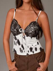 Athîral Women's Lace-Trimmed Cow Print Cami Top,White Animal Print,Summer,Chic,Club,Tie Detail Color-Blocked Sleeveless Patchwork Retro Western Camisole - Black and White - View 2