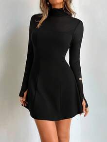 Aloruh Váy ngắn chữ A ôm sát cổ giả thanh lịch dành cho nữ, màu đen - màu đen - Xem 7