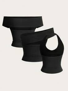 Tseoso Casual 95% Cotton Knitted Women's Summer Black Multi-Way Design Tight-Fitting Tops With 3 Wearing Styles; Versatile For Sports And Club; Suitable For All Seasons; Cute, Perfect For Summer & Autumn; Vintage Style With Soft Girl Aesthetic; Ideal For Home, Back To School, And Fall Women's Clothes