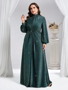 Coutiva Plus Size Formal Evening Dress (Heavily Embellished) - Dark Green - View 3