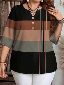 EMERY ROSE Casual Women's Plus Size Notched Neck Striped Blouse Half Sleeve Regular Fit Multicolor Woven Fabric Top,Spring/Summer/Vacation