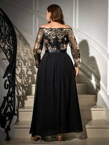 SHEIN Clasi Plus Size Women Floral Patchwork Sequin Mesh Off-Shoulder Long Sleeve Elegant Dress