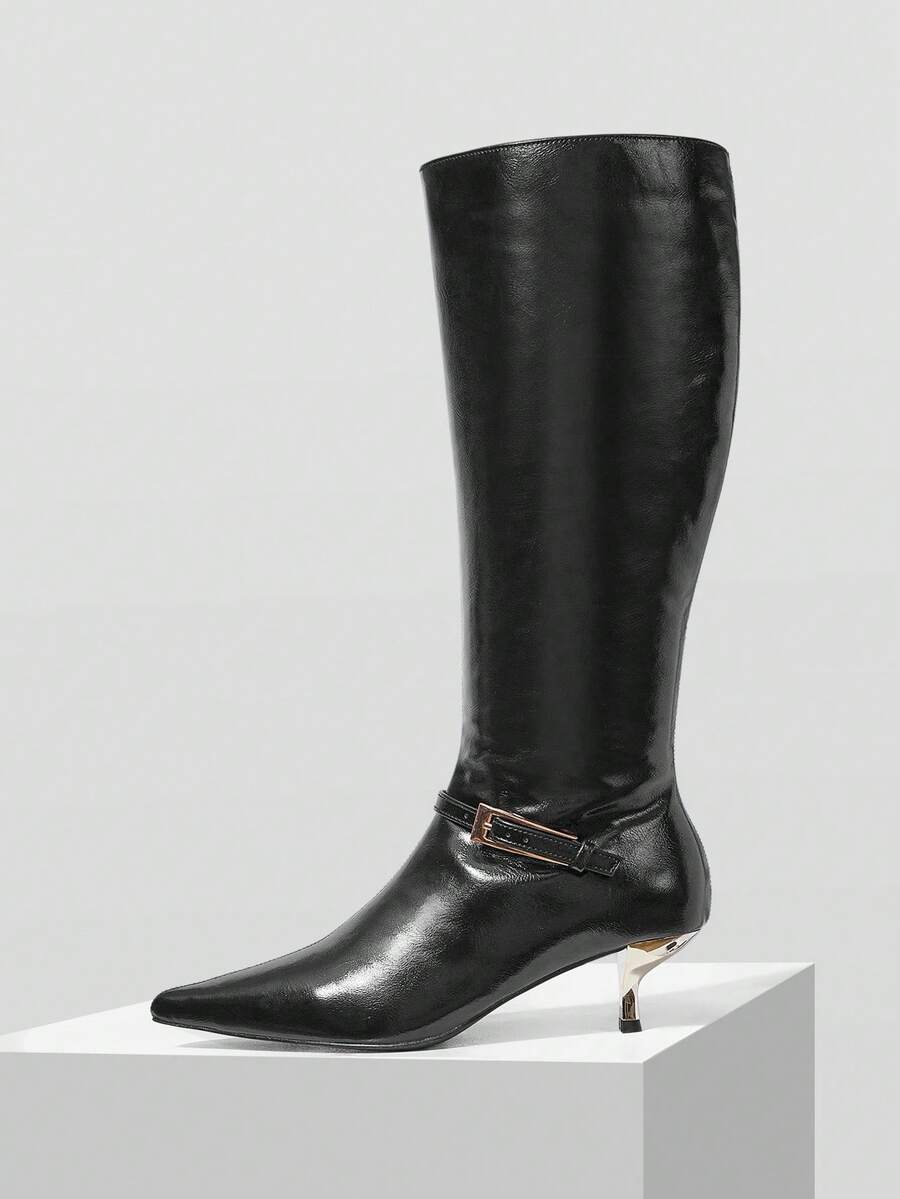 Mnmlis 女士时尚及膝靴，尖头细跟低跟，金色扣人造皮革靴，优雅派对时尚，性感独特，秋冬休闲靴 - 黑色 - 查看 1