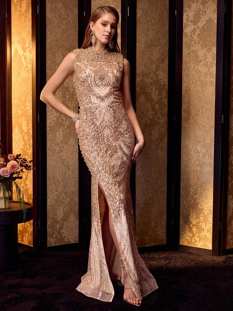 MOTF Soiréza ELEGANT SLEEVELESS STAND COLLAR MERMAID FLOOR-LENGTH EVENING GOWN – SIDE SLIT FISH TAIL WITH SPARKLY BEADED FABRIC & FAUX PEARL ACCENTS, FITTED SILHOUETTE FOR FORMAL PARTIES & SPECIAL OCCASIONS FOR WOMEN