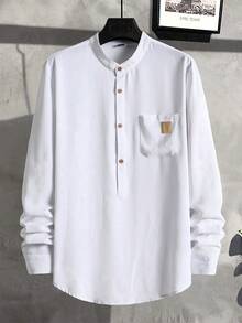 Manfinity CasualCool 男士纯色素色前扣长袖口袋简约休闲衬衫，白色纽扣，适合秋季外出穿着 - 白色 - 查看 3